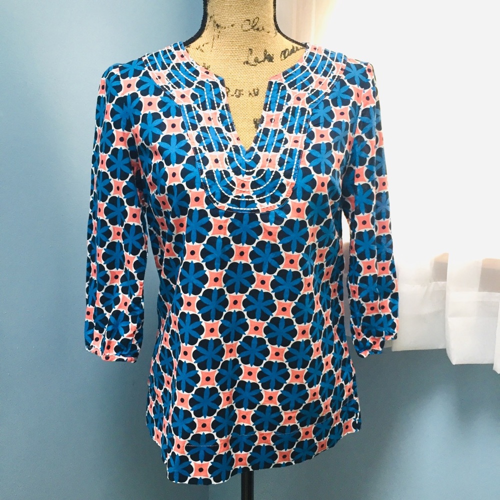 Boden Blue & Coral Print Top